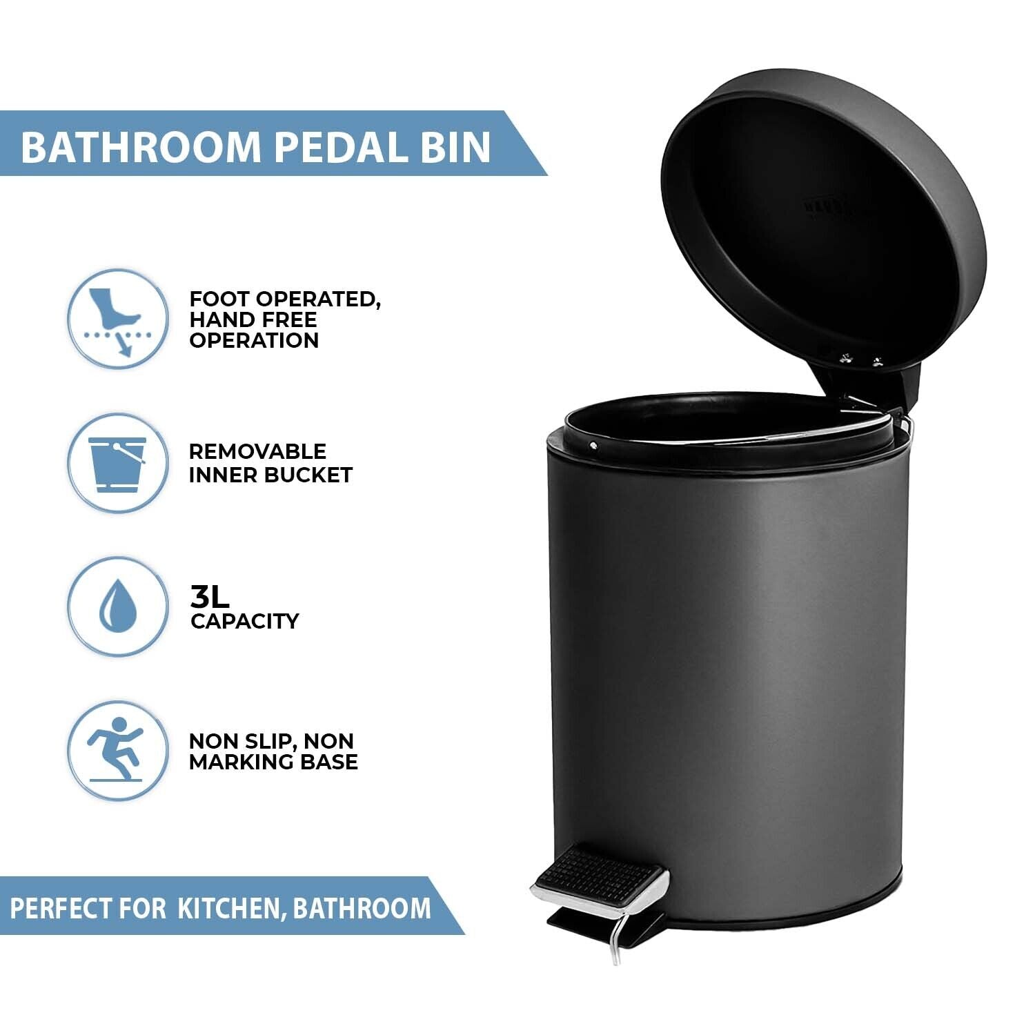 3 Litre Bathroom Pedal Rubbish Waste Bin and Toilet Brush Holder Set